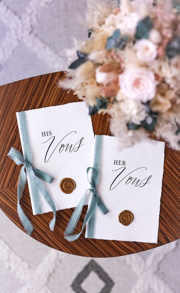 marriage vows, vows, wedding, wedding inspiration, international wedding, wedding ideas, wedding stationery, wedding mockup, wedding decoration, mint green, wedding colors, sealing wax, seal, silk ribbon, grind, modern wedding