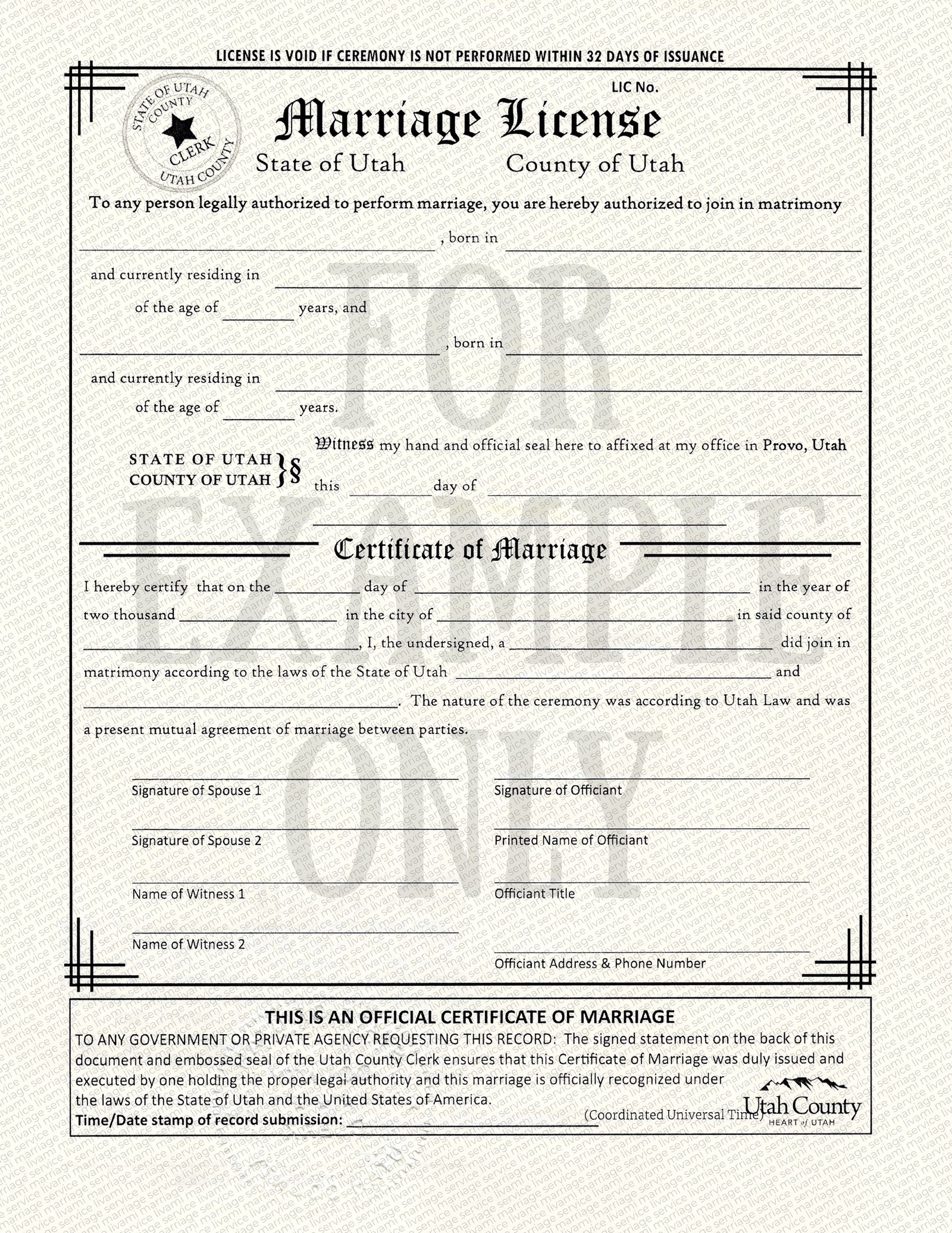 Образец: свидетельство о браке в штате Юта