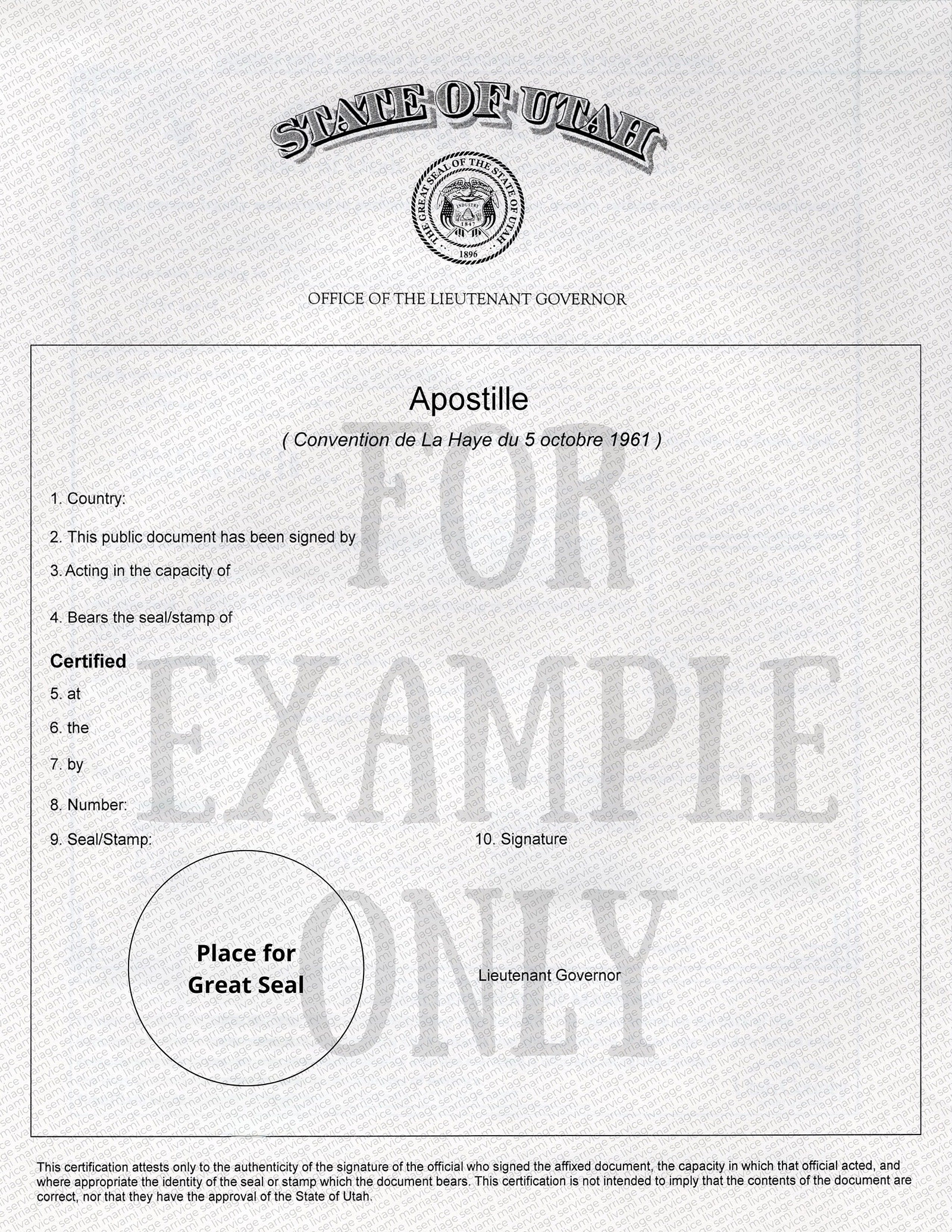 Образец: апостиль к свидетельству о браке в штате Юта