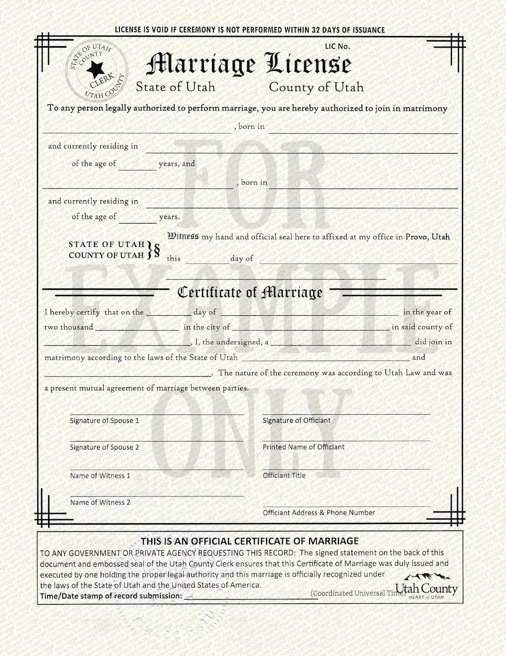 Образец: свидетельство о браке в штате Юта
