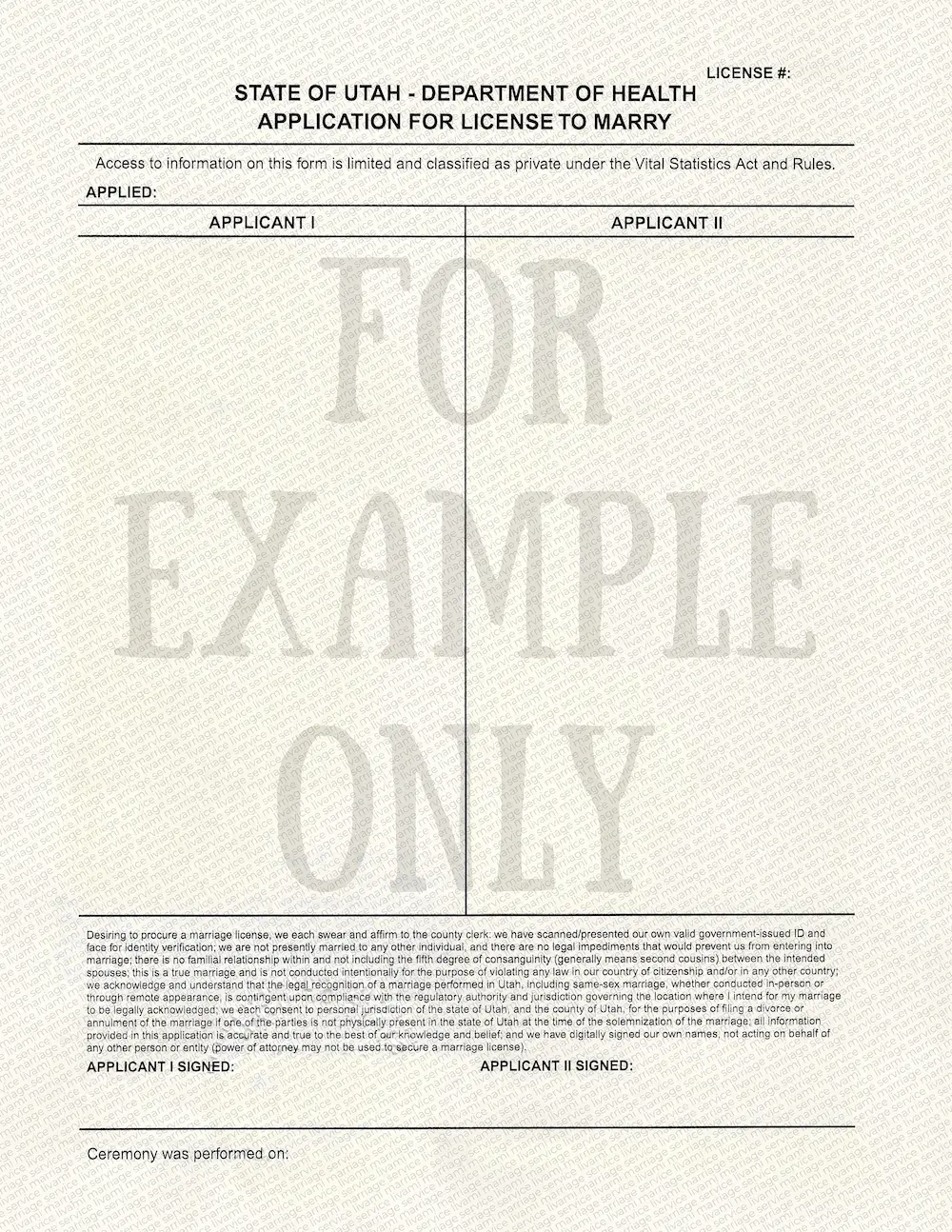Образец: брачная заявка для Marriage License в штате Юта