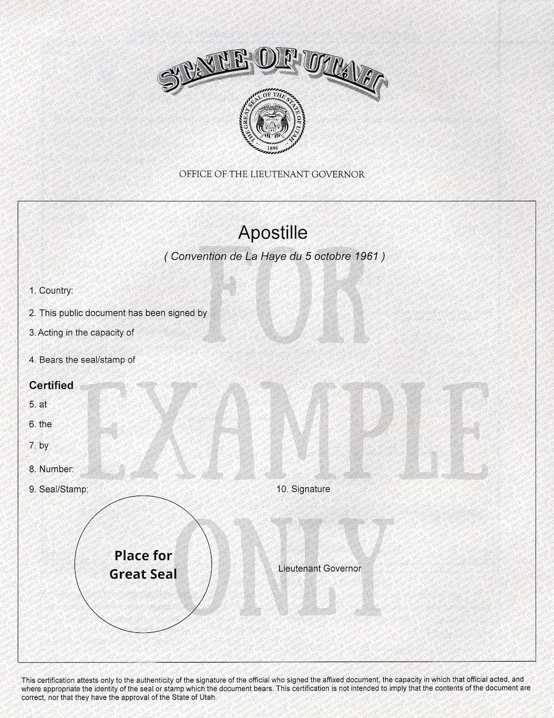 Образец: старый апостиль к свидетельству о браке в штате Юта
